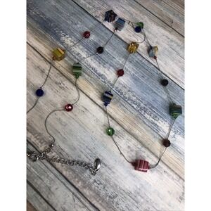 Murano Style Glass Bead Necklace Silver Tone Chain 38" NWOT